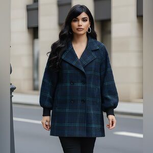 EUC Spencer Douglas SZ 10 black/green/purple plaid pea coat 1980’s w/pockets